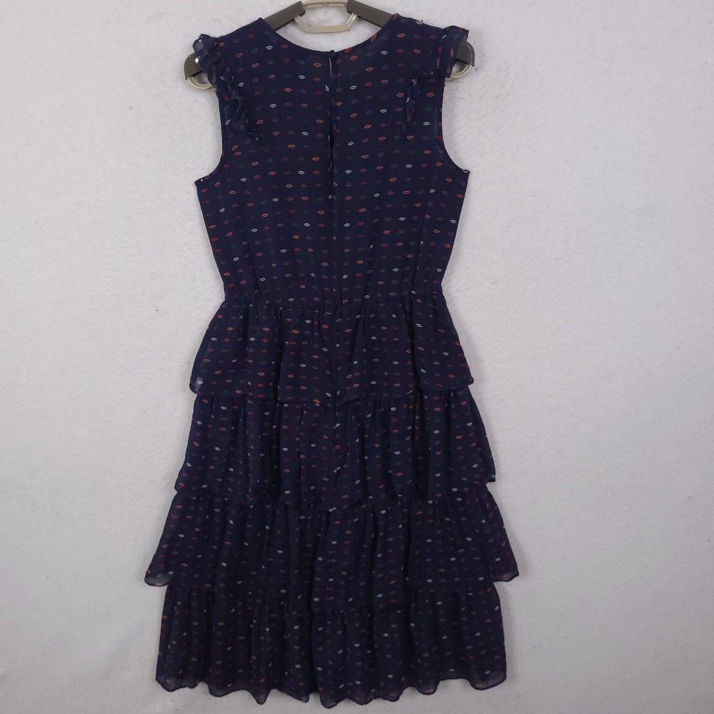J.Crew Silk Lip Print Tiered Dress Womens 00 Feminine Navy Blue Ruffle Novelty